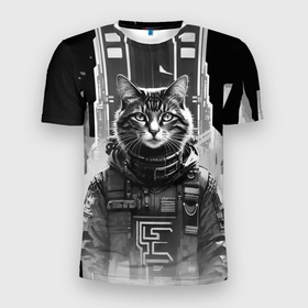 Мужская футболка 3D Slim с принтом Крутой котяра в Нью Йорке   киберпанк , 100% полиэстер с улучшенными характеристиками | приталенный силуэт, круглая горловина, широкие плечи, сужается к линии бедра | 