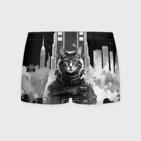 Мужские трусы 3D с принтом Крутой котяра в Нью Йорке   киберпанк , 50% хлопок, 50% полиэстер | классическая посадка, на поясе мягкая тканевая резинка | Тематика изображения на принте: 