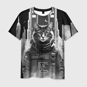 Мужская футболка 3D с принтом Крутой котяра в Нью Йорке   киберпанк , 100% полиэфир | прямой крой, круглый вырез горловины, длина до линии бедер | 