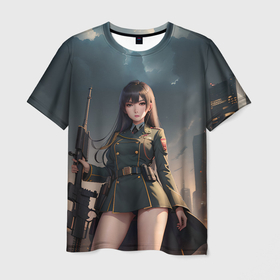 Мужская футболка 3D с принтом Девушка офицер с винтовкой в Курске, 100% полиэфир | прямой крой, круглый вырез горловины, длина до линии бедер | 