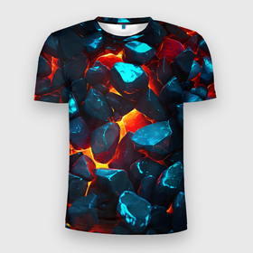Мужская футболка 3D Slim с принтом Stones and lava в городе Новоалтайск, 100% полиэстер с улучшенными характеристиками | приталенный силуэт, круглая горловина, широкие плечи, сужается к линии бедра | Тематика изображения на принте: 