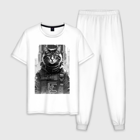 Мужская пижама хлопок с принтом Cool cat   cyberpunk   neural network в Кировске, 100% хлопок | брюки и футболка прямого кроя, без карманов, на брюках мягкая резинка на поясе и по низу штанин
 | 