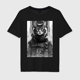 Мужская футболка хлопок Oversize с принтом Cool cat   cyberpunk   neural network в Кировске, 100% хлопок | свободный крой, круглый ворот, “спинка” длиннее передней части | 