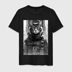 Мужская футболка хлопок с принтом Cool cat   cyberpunk   neural network в Кировске, 100% хлопок | прямой крой, круглый вырез горловины, длина до линии бедер, слегка спущенное плечо. | 