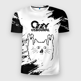 Мужская футболка 3D Slim с принтом Ozzy Osbourne рок кот на светлом фоне в Новосибирске, 100% полиэстер с улучшенными характеристиками | приталенный силуэт, круглая горловина, широкие плечи, сужается к линии бедра | 