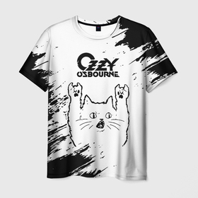 Мужская футболка 3D с принтом Ozzy Osbourne рок кот на светлом фоне в Кировске, 100% полиэфир | прямой крой, круглый вырез горловины, длина до линии бедер | 