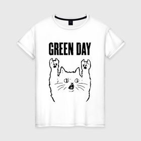 Женская футболка хлопок с принтом Green Day   rock cat в Тюмени, 100% хлопок | прямой крой, круглый вырез горловины, длина до линии бедер, слегка спущенное плечо | 
