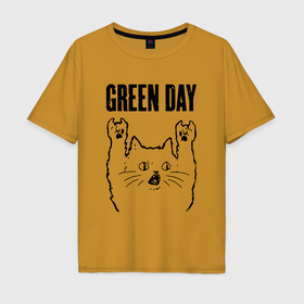Мужская футболка хлопок Oversize с принтом Green Day   rock cat в Новосибирске, 100% хлопок | свободный крой, круглый ворот, “спинка” длиннее передней части | 