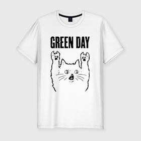 Мужская футболка хлопок Slim с принтом Green Day   rock cat в Новосибирске, 92% хлопок, 8% лайкра | приталенный силуэт, круглый вырез ворота, длина до линии бедра, короткий рукав | 