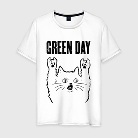 Мужская футболка хлопок с принтом Green Day   rock cat в Новосибирске, 100% хлопок | прямой крой, круглый вырез горловины, длина до линии бедер, слегка спущенное плечо. | 