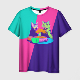 Мужская футболка 3D с принтом Коты завтракают лапшой в Кировске, 100% полиэфир | прямой крой, круглый вырез горловины, длина до линии бедер | 