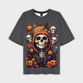 Мужская футболка oversize 3D с принтом Хэллоуин скелет с тыквами в Белгороде,  |  | 