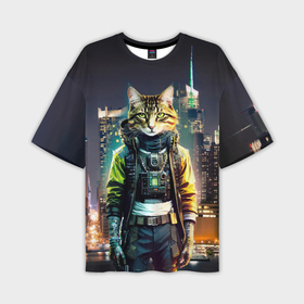 Мужская футболка oversize 3D с принтом Cool cat in New York city at night в Курске,  |  | Тематика изображения на принте: 