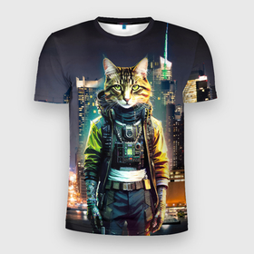 Мужская футболка 3D Slim с принтом Cool cat in New York city at night в Кировске, 100% полиэстер с улучшенными характеристиками | приталенный силуэт, круглая горловина, широкие плечи, сужается к линии бедра | 