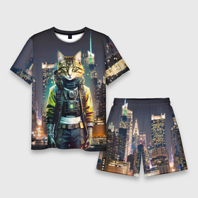 Мужской костюм с шортами 3D с принтом Cool cat in New York city at night ,  |  | Тематика изображения на принте: 