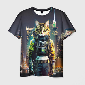 Мужская футболка 3D с принтом Cool cat in New York city at night в Екатеринбурге, 100% полиэфир | прямой крой, круглый вырез горловины, длина до линии бедер | 