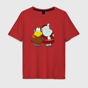 Мужская футболка хлопок Oversize с принтом Monkey Chi and Santa Claus в Санкт-Петербурге, 100% хлопок | свободный крой, круглый ворот, “спинка” длиннее передней части | 