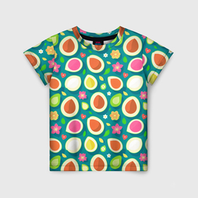Детская футболка 3D с принтом Текстура авокадо и цветы в Белгороде, 100% гипоаллергенный полиэфир | прямой крой, круглый вырез горловины, длина до линии бедер, чуть спущенное плечо, ткань немного тянется | Тематика изображения на принте: 