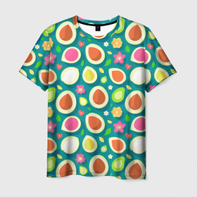 Мужская футболка 3D с принтом Текстура авокадо и цветы в Курске, 100% полиэфир | прямой крой, круглый вырез горловины, длина до линии бедер | 