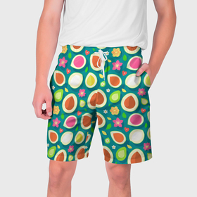 Мужские шорты 3D с принтом Текстура авокадо и цветы в Тюмени,  полиэстер 100% | прямой крой, два кармана без застежек по бокам. Мягкая трикотажная резинка на поясе, внутри которой широкие завязки. Длина чуть выше колен | 
