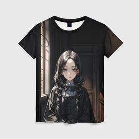 Женская футболка 3D с принтом Готическая девушка в темной комнате в Белгороде, 100% полиэфир ( синтетическое хлопкоподобное полотно) | прямой крой, круглый вырез горловины, длина до линии бедер | 