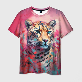 Мужская футболка 3D с принтом Леопард на розовом фоне   нейросеть , 100% полиэфир | прямой крой, круглый вырез горловины, длина до линии бедер | 