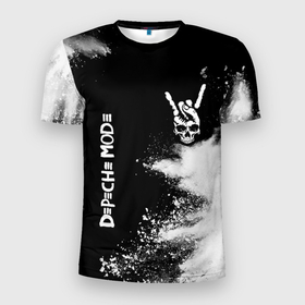 Мужская футболка 3D Slim с принтом Depeche Mode и рок символ на темном фоне , 100% полиэстер с улучшенными характеристиками | приталенный силуэт, круглая горловина, широкие плечи, сужается к линии бедра | Тематика изображения на принте: 