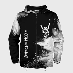 Мужская ветровка 3D с принтом Depeche Mode и рок символ на темном фоне в Петрозаводске, 100% полиэстер | подол и капюшон оформлены резинкой с фиксаторами, два кармана без застежек по бокам, один потайной карман на груди | 