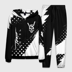 Мужской костюм 3D с принтом Tokio Hotel и рок символ на темном фоне , 100% полиэстер | Манжеты и пояс оформлены тканевой резинкой, двухслойный капюшон со шнурком для регулировки, карманы спереди | 