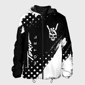 Мужская куртка 3D с принтом Tokio Hotel и рок символ на темном фоне в Санкт-Петербурге, ткань верха — 100% полиэстер, подклад — флис | прямой крой, подол и капюшон оформлены резинкой с фиксаторами, два кармана без застежек по бокам, один большой потайной карман на груди. Карман на груди застегивается на липучку | Тематика изображения на принте: 