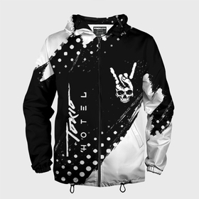 Мужская ветровка 3D с принтом Tokio Hotel и рок символ на темном фоне в Петрозаводске, 100% полиэстер | подол и капюшон оформлены резинкой с фиксаторами, два кармана без застежек по бокам, один потайной карман на груди | 