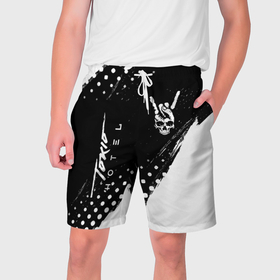 Мужские шорты 3D с принтом Tokio Hotel и рок символ на темном фоне ,  полиэстер 100% | прямой крой, два кармана без застежек по бокам. Мягкая трикотажная резинка на поясе, внутри которой широкие завязки. Длина чуть выше колен | 