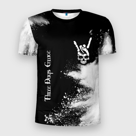 Мужская футболка 3D Slim с принтом Three Days Grace и рок символ на темном фоне в Кировске, 100% полиэстер с улучшенными характеристиками | приталенный силуэт, круглая горловина, широкие плечи, сужается к линии бедра | Тематика изображения на принте: 