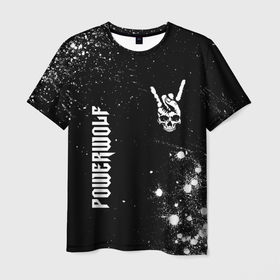 Мужская футболка 3D с принтом Powerwolf и рок символ на темном фоне в Кировске, 100% полиэфир | прямой крой, круглый вырез горловины, длина до линии бедер | 