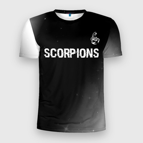 Мужская футболка 3D Slim с принтом Scorpions glitch на темном фоне: символ сверху в Екатеринбурге, 100% полиэстер с улучшенными характеристиками | приталенный силуэт, круглая горловина, широкие плечи, сужается к линии бедра | Тематика изображения на принте: 