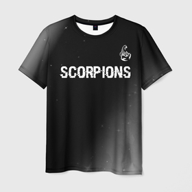 Мужская футболка 3D с принтом Scorpions glitch на темном фоне: символ сверху в Екатеринбурге, 100% полиэфир | прямой крой, круглый вырез горловины, длина до линии бедер | Тематика изображения на принте: 