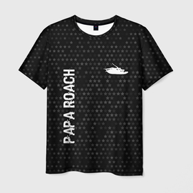 Мужская футболка 3D с принтом Papa Roach glitch на темном фоне: надпись, символ , 100% полиэфир | прямой крой, круглый вырез горловины, длина до линии бедер | 