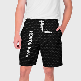 Мужские шорты 3D с принтом Papa Roach glitch на темном фоне: надпись, символ ,  полиэстер 100% | прямой крой, два кармана без застежек по бокам. Мягкая трикотажная резинка на поясе, внутри которой широкие завязки. Длина чуть выше колен | 