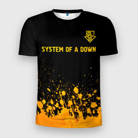 Мужская футболка 3D Slim с принтом System of a Down   gold gradient: символ сверху в Петрозаводске, 100% полиэстер с улучшенными характеристиками | приталенный силуэт, круглая горловина, широкие плечи, сужается к линии бедра | Тематика изображения на принте: 