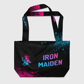 Пляжная сумка 3D с принтом Iron Maiden   neon gradient: надпись и символ в Кировске, 100% полиэстер | застегивается на металлическую кнопку; внутренний карман застегивается на молнию. Стенки укреплены специальным мягким материалом, чтобы защитить содержимое от несильных ударов
 | 
