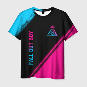 Мужская футболка 3D с принтом Fall Out Boy   neon gradient: надпись, символ в Курске, 100% полиэфир | прямой крой, круглый вырез горловины, длина до линии бедер | 