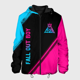 Мужская куртка 3D с принтом Fall Out Boy   neon gradient: надпись, символ в Кировске, ткань верха — 100% полиэстер, подклад — флис | прямой крой, подол и капюшон оформлены резинкой с фиксаторами, два кармана без застежек по бокам, один большой потайной карман на груди. Карман на груди застегивается на липучку | Тематика изображения на принте: 