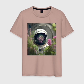 Мужская футболка хлопок с принтом Астронавт в цветах от нейросети в Курске, 100% хлопок | прямой крой, круглый вырез горловины, длина до линии бедер, слегка спущенное плечо. | 