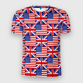 Мужская футболка 3D Slim с принтом Флаги США и Англии , 100% полиэстер с улучшенными характеристиками | приталенный силуэт, круглая горловина, широкие плечи, сужается к линии бедра | 