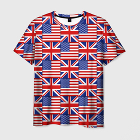 Мужская футболка 3D с принтом Флаги США и Англии , 100% полиэфир | прямой крой, круглый вырез горловины, длина до линии бедер | 