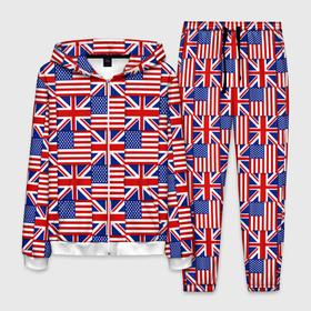 Мужской костюм 3D с принтом Флаги США и Англии в Тюмени, 100% полиэстер | Манжеты и пояс оформлены тканевой резинкой, двухслойный капюшон со шнурком для регулировки, карманы спереди | Тематика изображения на принте: 