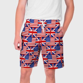 Мужские шорты 3D с принтом Флаги США и Англии ,  полиэстер 100% | прямой крой, два кармана без застежек по бокам. Мягкая трикотажная резинка на поясе, внутри которой широкие завязки. Длина чуть выше колен | 