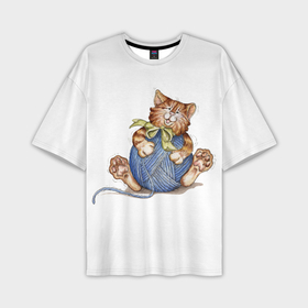 Мужская футболка oversize 3D с принтом котик с голубым  клубком в Кировске,  |  | Тематика изображения на принте: 