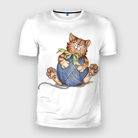 Мужская футболка 3D Slim с принтом котик с голубым  клубком в Кировске, 100% полиэстер с улучшенными характеристиками | приталенный силуэт, круглая горловина, широкие плечи, сужается к линии бедра | Тематика изображения на принте: 
