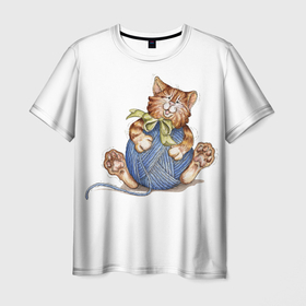 Мужская футболка 3D с принтом котик с голубым  клубком в Курске, 100% полиэфир | прямой крой, круглый вырез горловины, длина до линии бедер | 